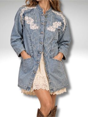 Vintage 90s Sport Savvy Denim Duster Jacket 8 Lace Embroidered Western Boho